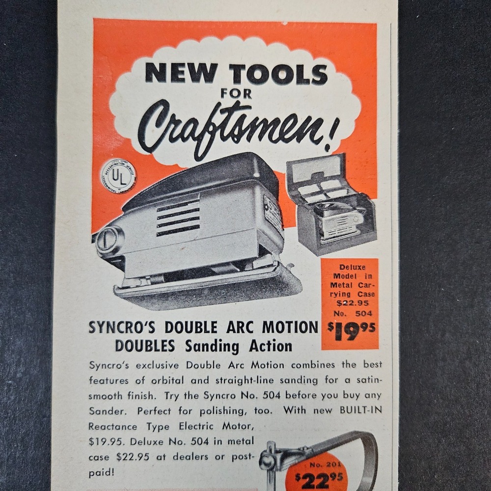 1952 Syncro Corp Quality Electric Tools Vintage Print Ad Sander Jigsaw Oxford MI